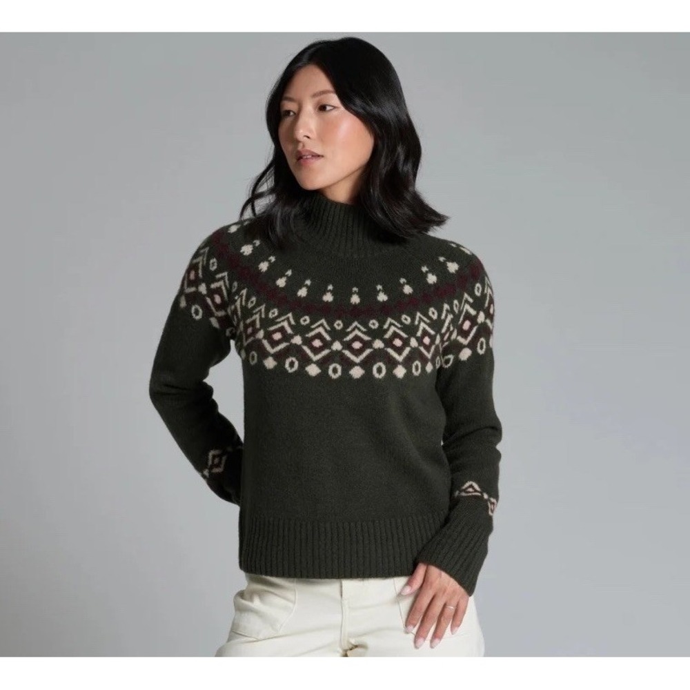Kuhl Women's Alpina Sweater Merino Wool Blend Vine Green Mock Neck Fairisle Sz M